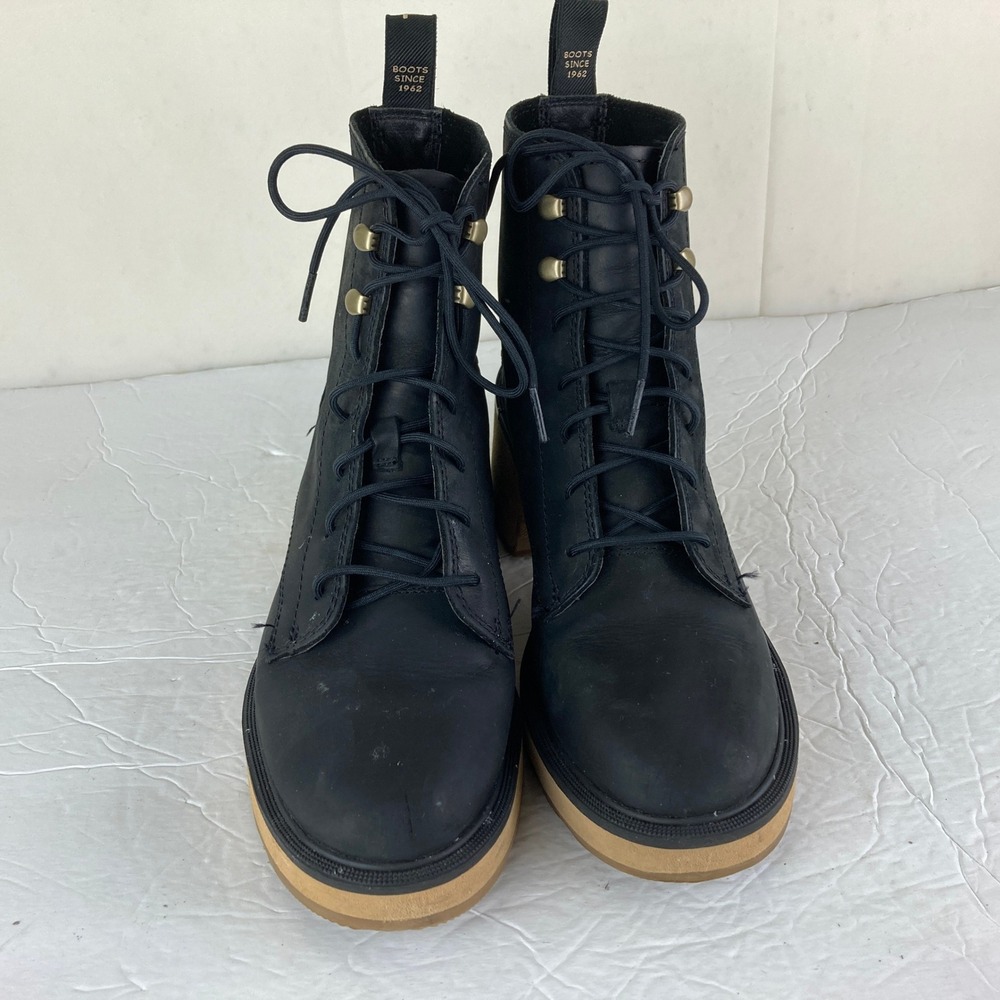 Sorel Hi-Line Heel Lace Boots Women Sz 8 Black Leather Ankle Block Heel - Picture 4 of 9